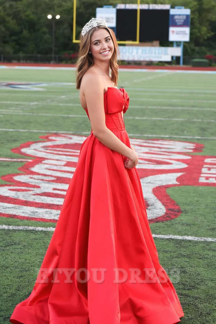 A-Line Strapless Bow Empire-Waist Sleeveless Satin Long formal dresses evening gown Prom Dress